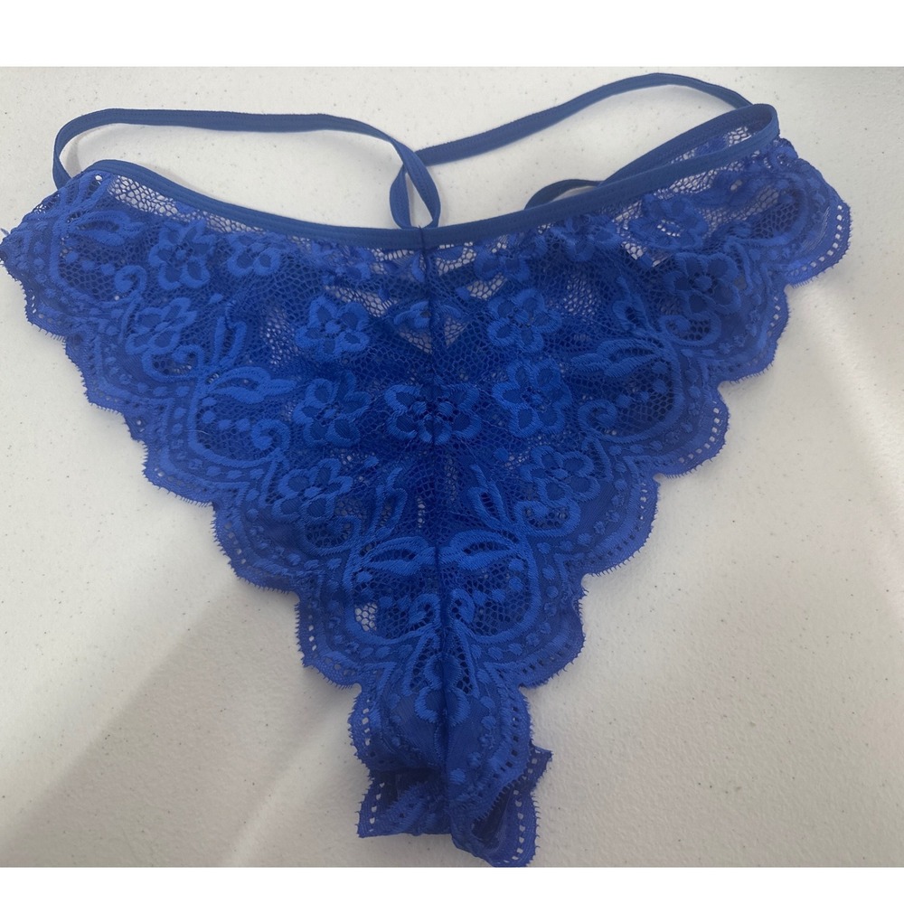 NWOT Royal Blue Floral Lace Lingerie Set Bralette and Strappy Thong Size L